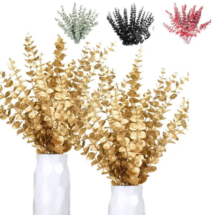 10PCS Gold Eucalyptus Leaf Artificial Plants Diy Christmas Fake Plant Flower Bouquet Ornament Home Garden Party Wedding Decor - Image 1