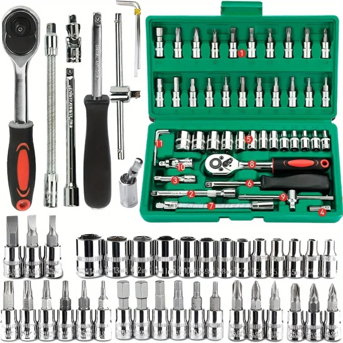 46pc Drive Socket Set 1/4 inch Ratchet Wrench Set with Sockets Metric Hex Bit Socket Set Mechanic Tool Kits for Auto Repair Hous - Image 1