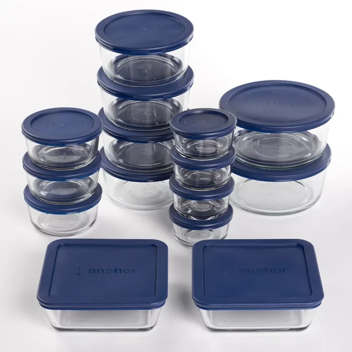 Kitchen Organizer Clear Glass Storage 30 Piece Set With Navy Lids Food Storage Containers Kitchen Organizer - Image 1